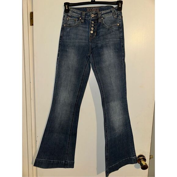 Rock & Roll Cowgirl Jeans Women’s (26 x 32) High Rise Trouser Flare Dark Wash 4 - Picture 1 of 8